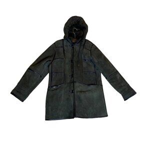 Pellegrino Genuine Shearling Hooded Coat Medium USA Italy Olive Green With Black